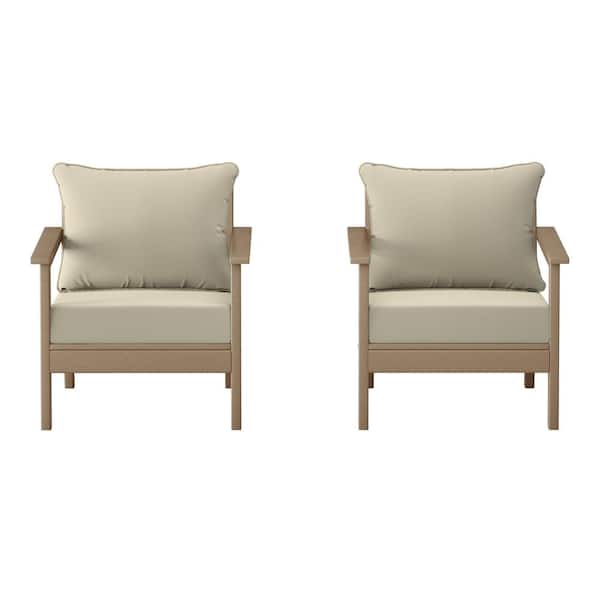 Birchwood Weathered Wood Outdoor Patio (Set of 2) Deep Seating HDPE Lounge Chairs w/ Beige Cushions