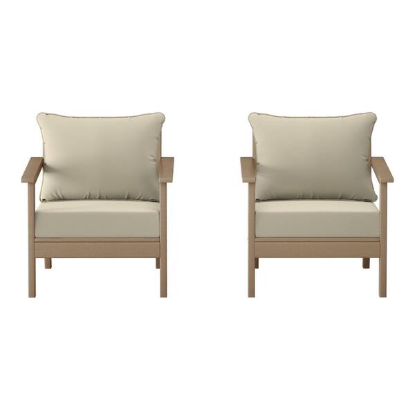 Birchwood Weathered Wood Outdoor Patio (Set of 2) Deep Seating HDPE Lounge Chairs w/ Beige Cushions