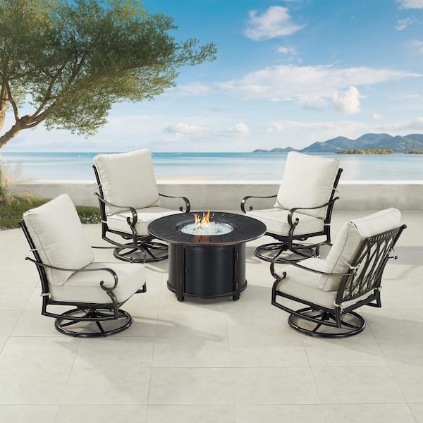 Black Aluminum Fire Table Set with 4-Club Chairs