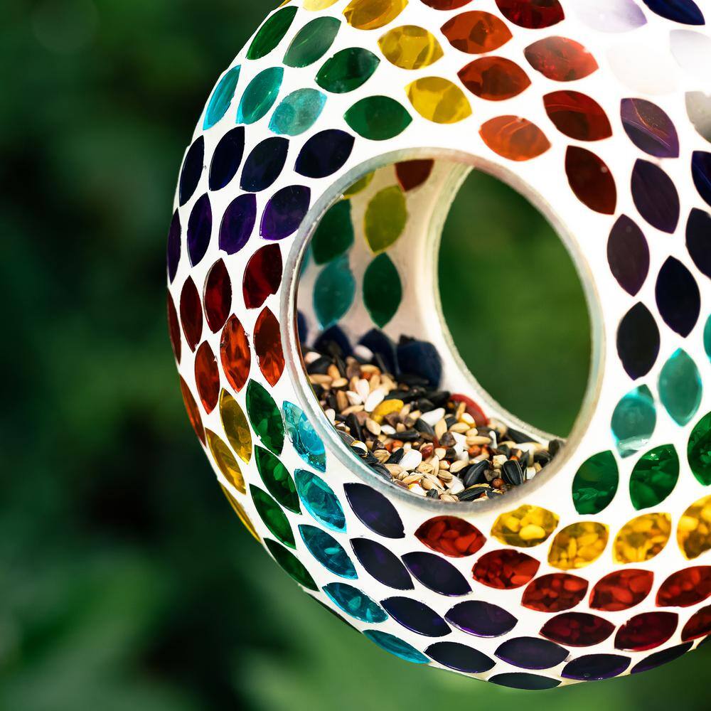 8'' Round Multicolor Mosaic Glass Hanging Bird Feeder