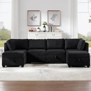 Storage Modular Sectional Sofa 6-Piece Black Linen Living Room Set Couch with Chaise Ottoman