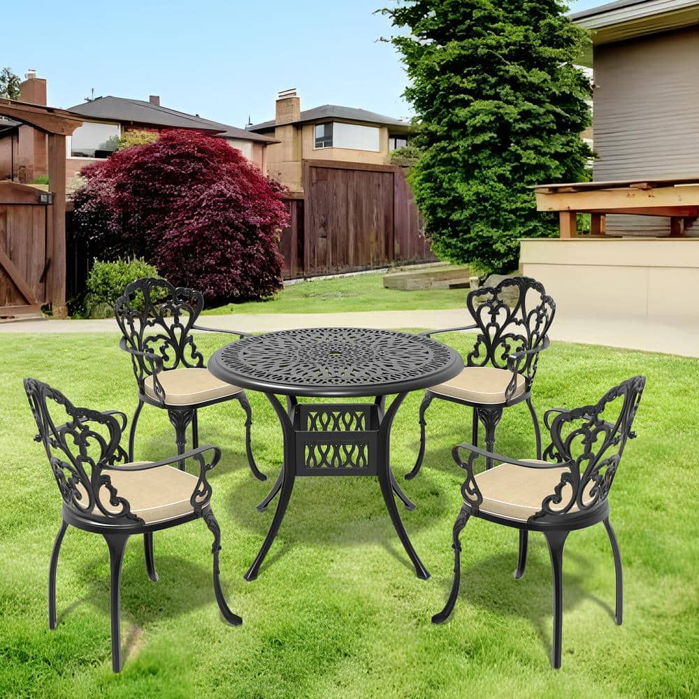 5-Piece Metal Cast Aluminum Outdoor Dining Table and Chairs Patio Furniture