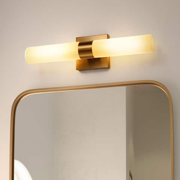 18 in. 2-Light Modern Gold and White Double Tube Wall Sconce, Sleek Up and Down Light Fixture for Bathroom, Bedroom