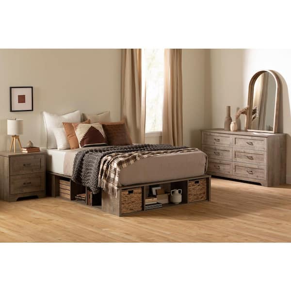 South Shore Prairie Brown Weathered Oak Particle Board Frame Queen size Platform Bed with Baskets