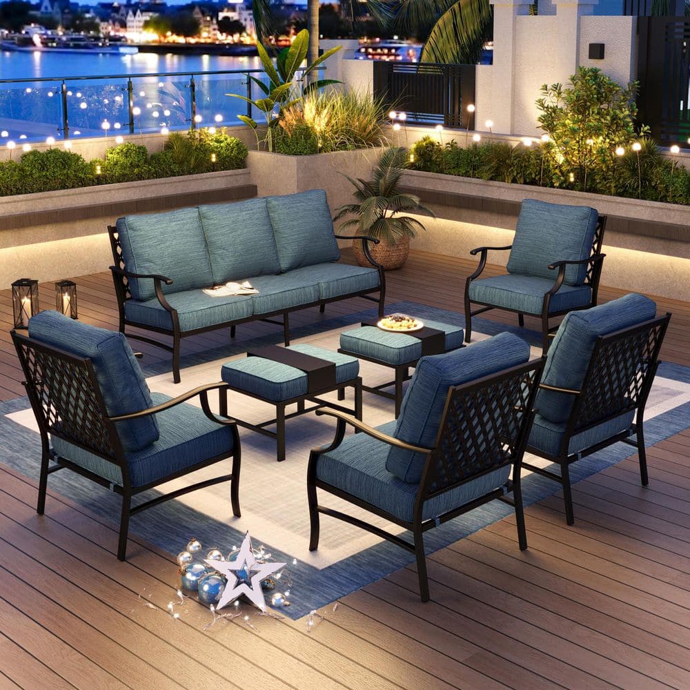 Black Meshed 9-Seat 7-Piece Metal Outdoor Patio Conversation Set with Peacock Blue Cushions and 2 Ottomans price history on PriceWatchPro