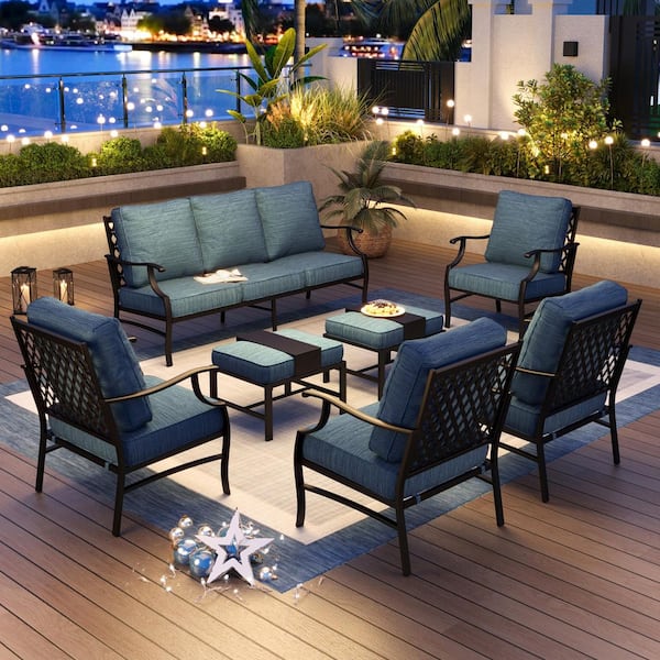 PHI VILLA Black Meshed 9-Seat 7-Piece Metal Outdoor Patio Conversation Set with Peacock Blue Cushions and 2 Ottomans