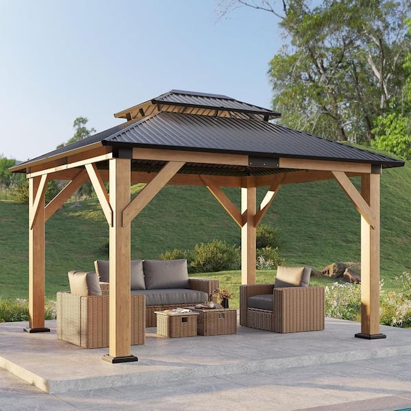 10 ft. x 12 ft. Hardtop Double Roof Solid Wood Gazebo with Storage Bar Counter, Dark Gray