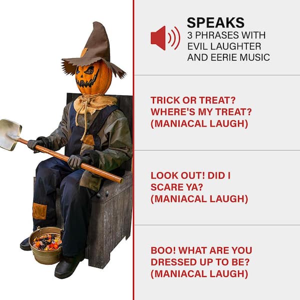 Haunted Hill Farm - 55 in. Premium Talking Halloween Animatronic Smiling Jack The Shovel-Wielding Sitting Scarecrow by Tekky