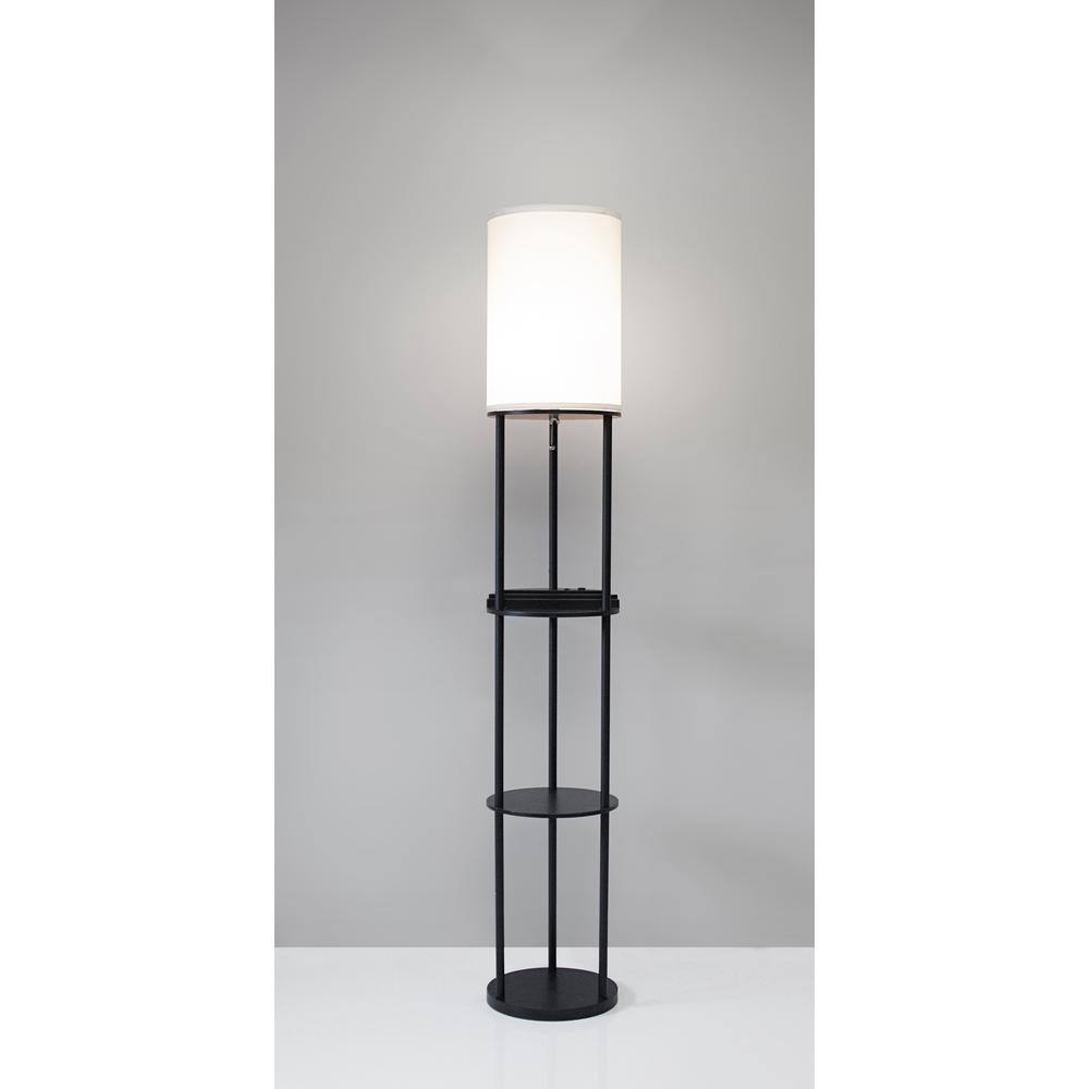 Elegant Black and White Charging Station Shelf Floor Lamp with Linen Shade