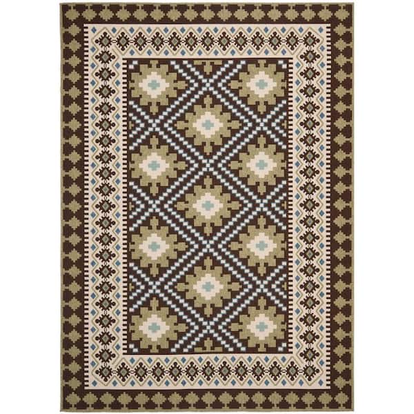 SAFAVIEH Veranda Chocolate/Green 8 ft. x 10 ft. Aztec Geometric Indoor/Outdoor Patio  Area Rug