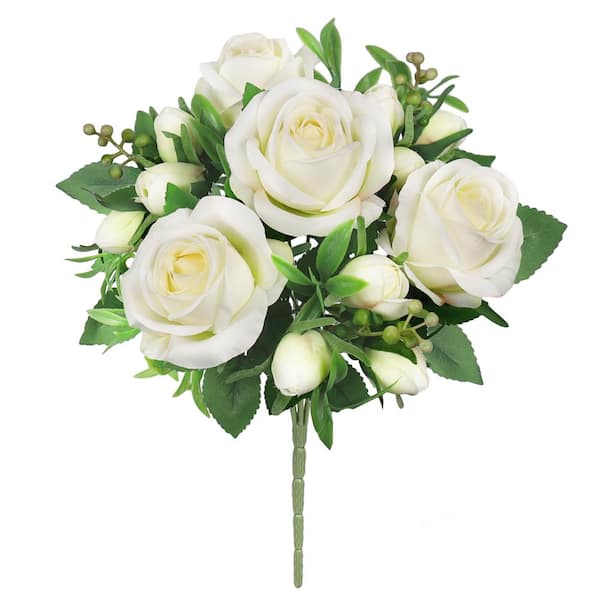 LIVING LUXURY 14 in. Cream White Artificial Delicate Sweet Rose Flower Stem Bush Bouquet (Set of 2)