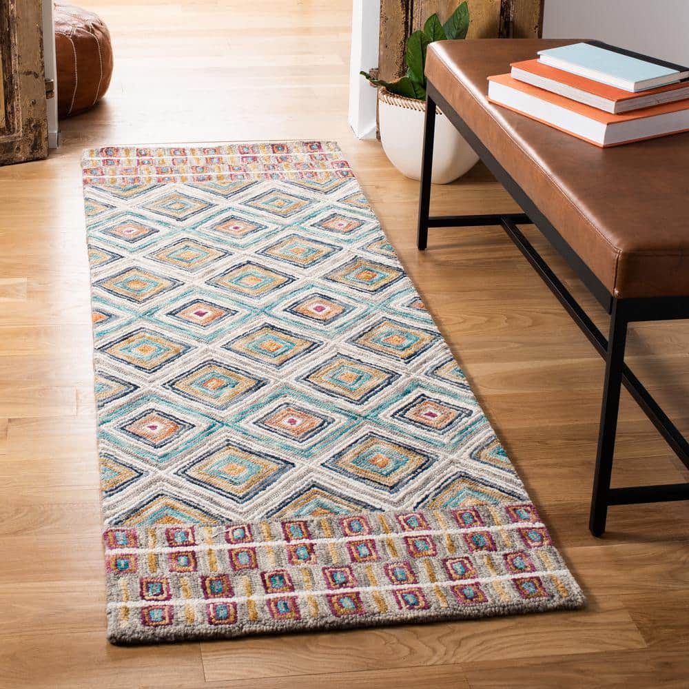 Handmade Tribal-Chic Green and Red Wool Runner Rug - 27" x 8"