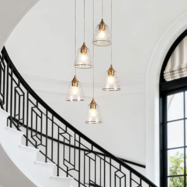 Aurabe 5-Light Plated Brass Cluster Chandelier for Stairwell Entryway, Modern Living Room Pendant with Textured Glass