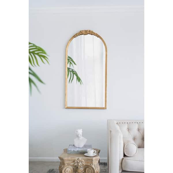 Tatahance 28 in. W x 53 in. H Arch Gold Metal Frame Hand Carved Rose Decor Dressing Wall Mirror