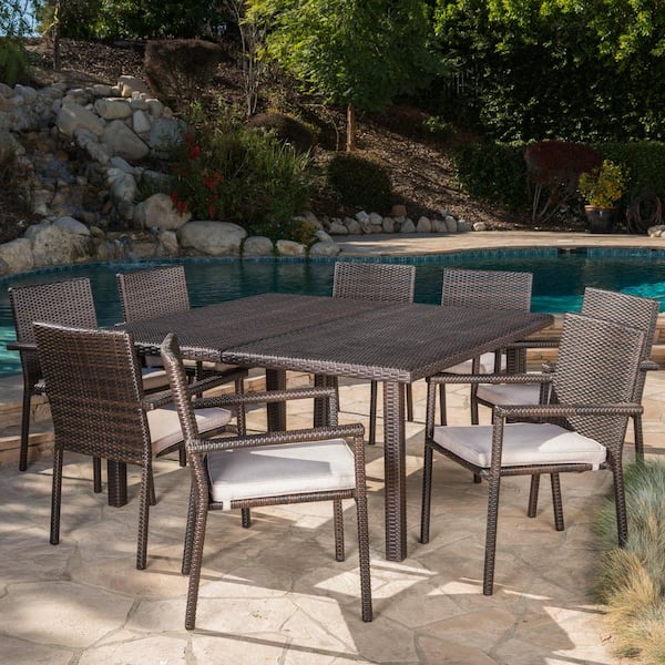 Noble House Gaston 30 in. Multi-Brown 9-Piece Metal Square Outdoor Dining Set with Textured Beige Cushions