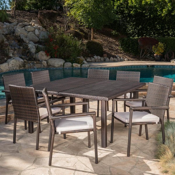 Noble House Gaston 30 in. Multi-Brown 9-Piece Metal Square Outdoor Patio Dining Set with Textured Beige Cushions