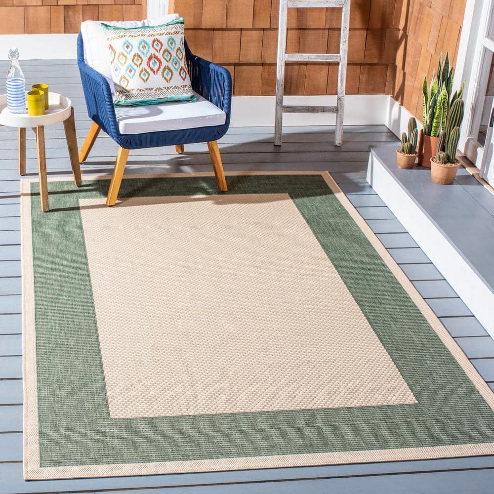Beige and Dark Green Rectangular Synthetic Indoor/Outdoor Rug