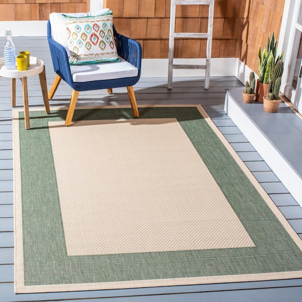 Courtyard Beige/Dark Green Doormat 2 ft. x 4 ft. Border Solid Color Indoor/Outdoor Area Rug