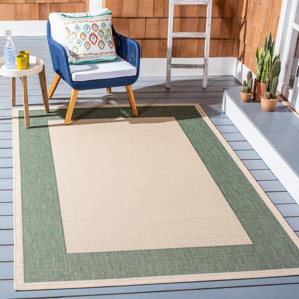 Courtyard Beige/Dark Green 4 ft. x 4 ft. Border Solid Color Indoor/Outdoor Square Area Rug