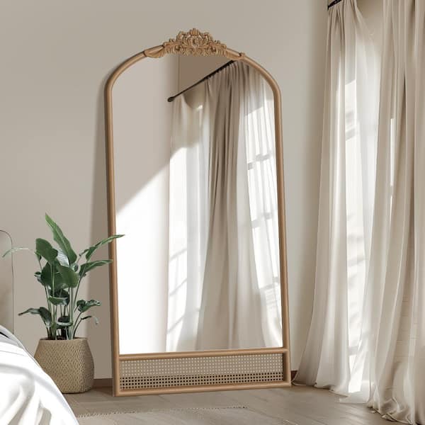 37 in. W x 71 in. H Wood Bottom Rattan Carved Arch Hanging Mirror Glam Classic Wood Color Wall Mirror