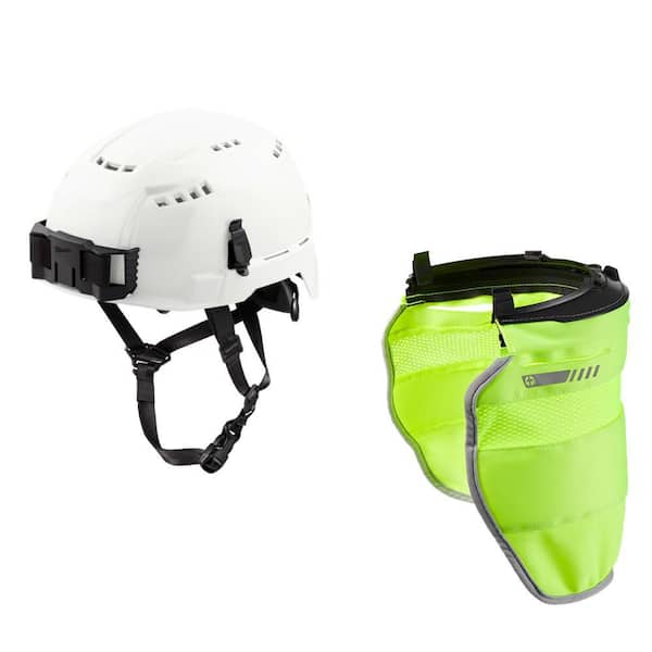 BOLT White Type 2 Class C Vented Safety Helmet W/ BOLT Yellow High Visibility Mesh Sunshade with 50+UPF UV Protection
