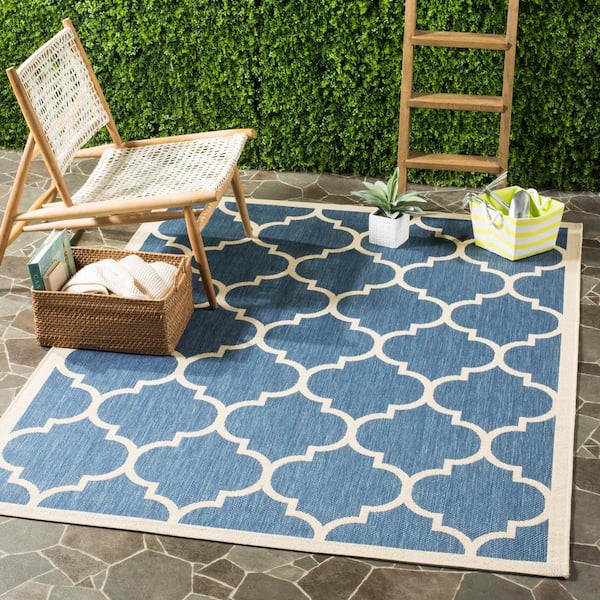 Courtyard Blue/Beige 5 ft. x 5 ft. Square Geometric Indoor/Outdoor Patio  Area Rug