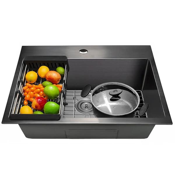 Matte Black Stainless Steel 25 in. x 22 in. Single Bowl Drop-In Kitchen Sink with Accessories