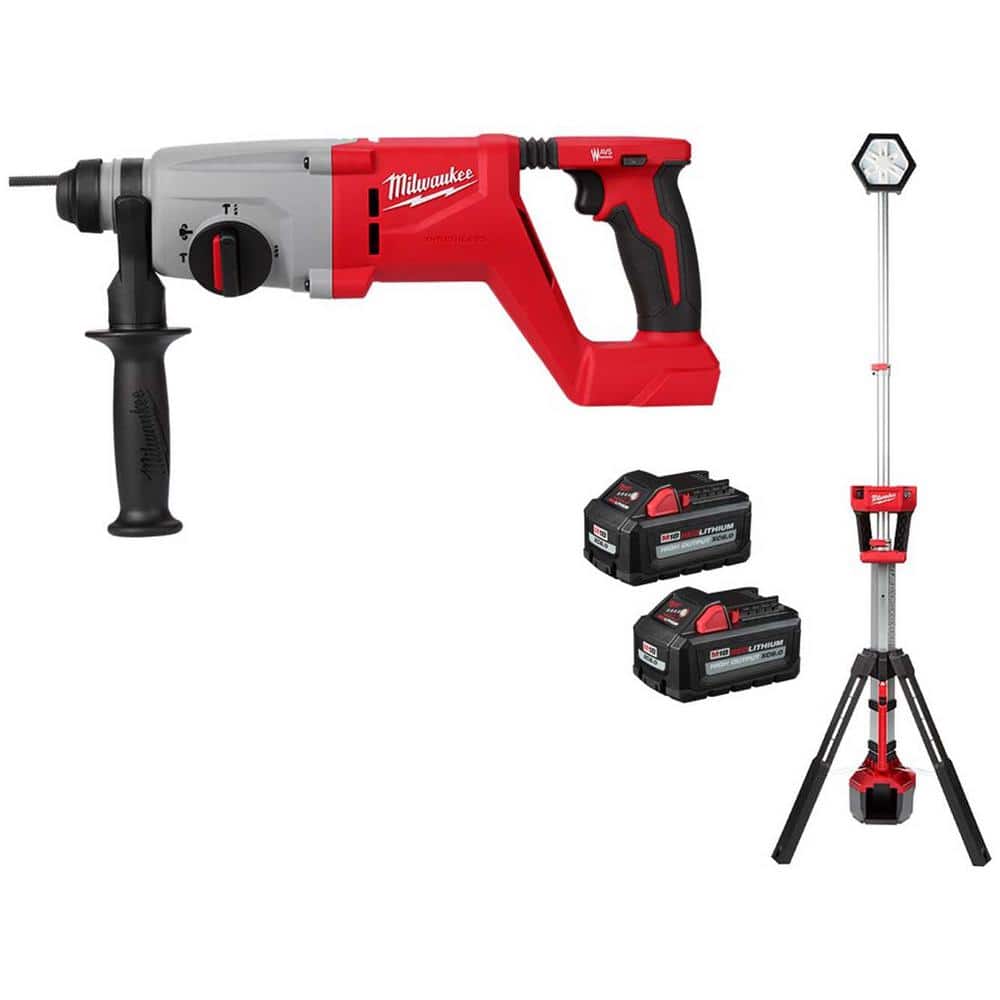 Milwaukee M18 18V Lithium-Ion Brushless Cordless 1 in. SDS-Plus D-Handle Rotary Hammer w/Rocket Tower Light & (2) 6.0Ah Batteries -  2613-20-2131