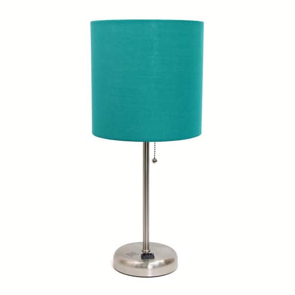 Simple Designs 19.5 in. Stick Lamp with Charging Outlet and Teal Fabric Shade
