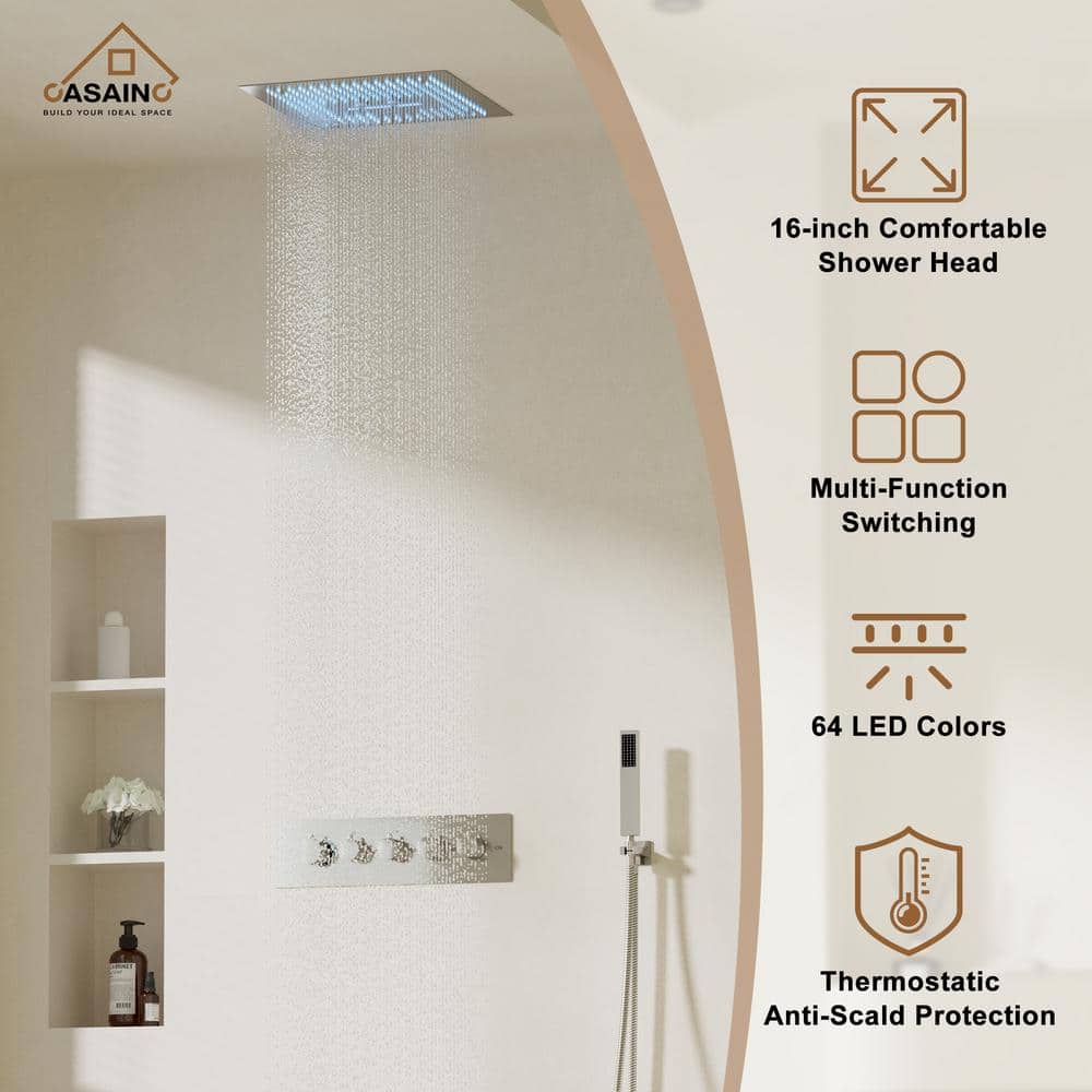 Brushed Nickel Dual Head LED Ceiling Mounted Rain Shower System