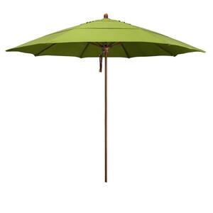 11 ft. Woodgrain Aluminum Commercial Market Patio Umbrella Fiberglass Ribs and Pulley Lift in Macaw Sunbrella