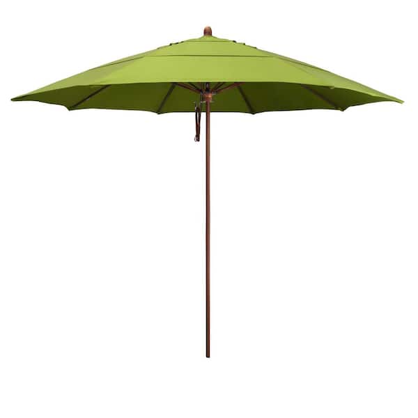 California Umbrella 11 ft. Woodgrain Aluminum Commercial Market Patio Umbrella Fiberglass Ribs and Pulley Lift in Macaw Sunbrella