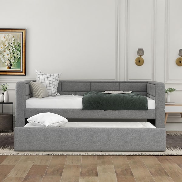 Gray Wood Twin Size Daybed with Trundle, Twin Upholstered Daybed Sofa Bed with Padded Back for Living Room