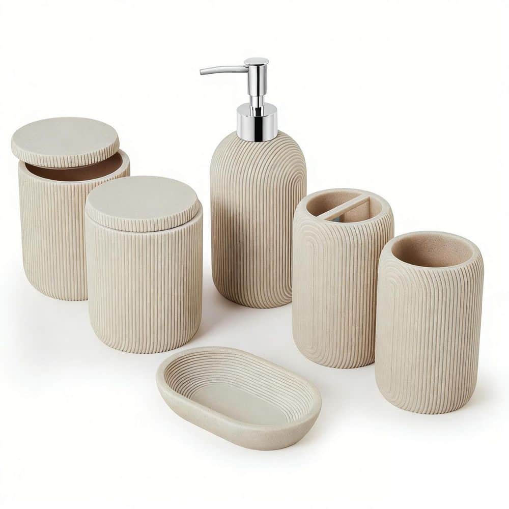 Numhew 7-Piece Beige Bathroom Set w/ Toothbrush Holders Set, Soap