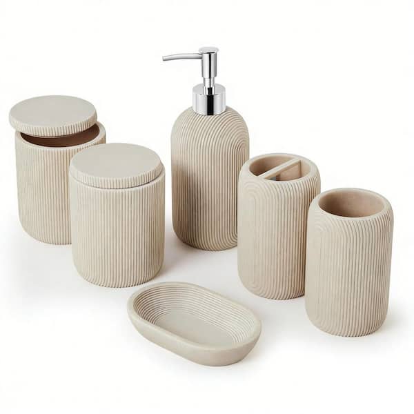 Numhew 7-Piece Beige Bathroom Set w/ Toothbrush Holders Set, Soap