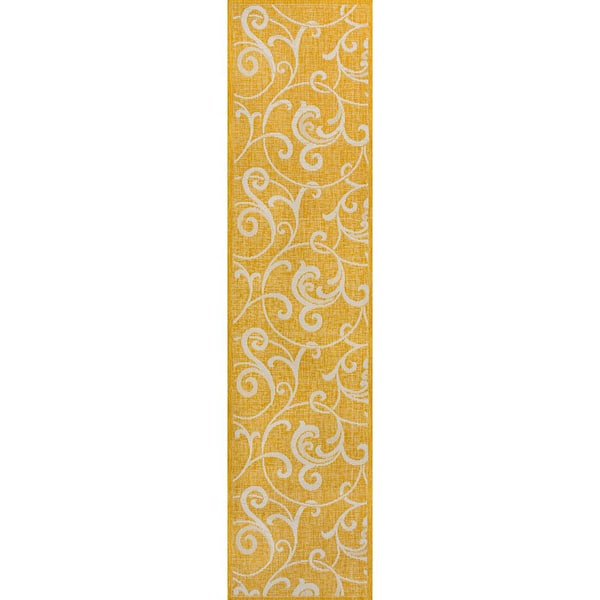 Maribel Yellow/Cream 2 ft. x 8 ft. Traditional Classic All-Over Scroll Indoor/Outdoor Runner Rug