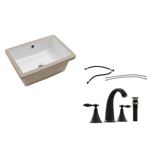 Sarlai 18 in. Rectangle Bathroom Sink Vessel Bath Basin in White Ceramic with Faucet and Pop-up Drain in Black, Overflow