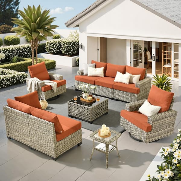 Silvae Gray 9-Piece Wicker Outdoor Sectional Set Patio Conversation Set with Rocking Chair&Orange Red Cushion and Table