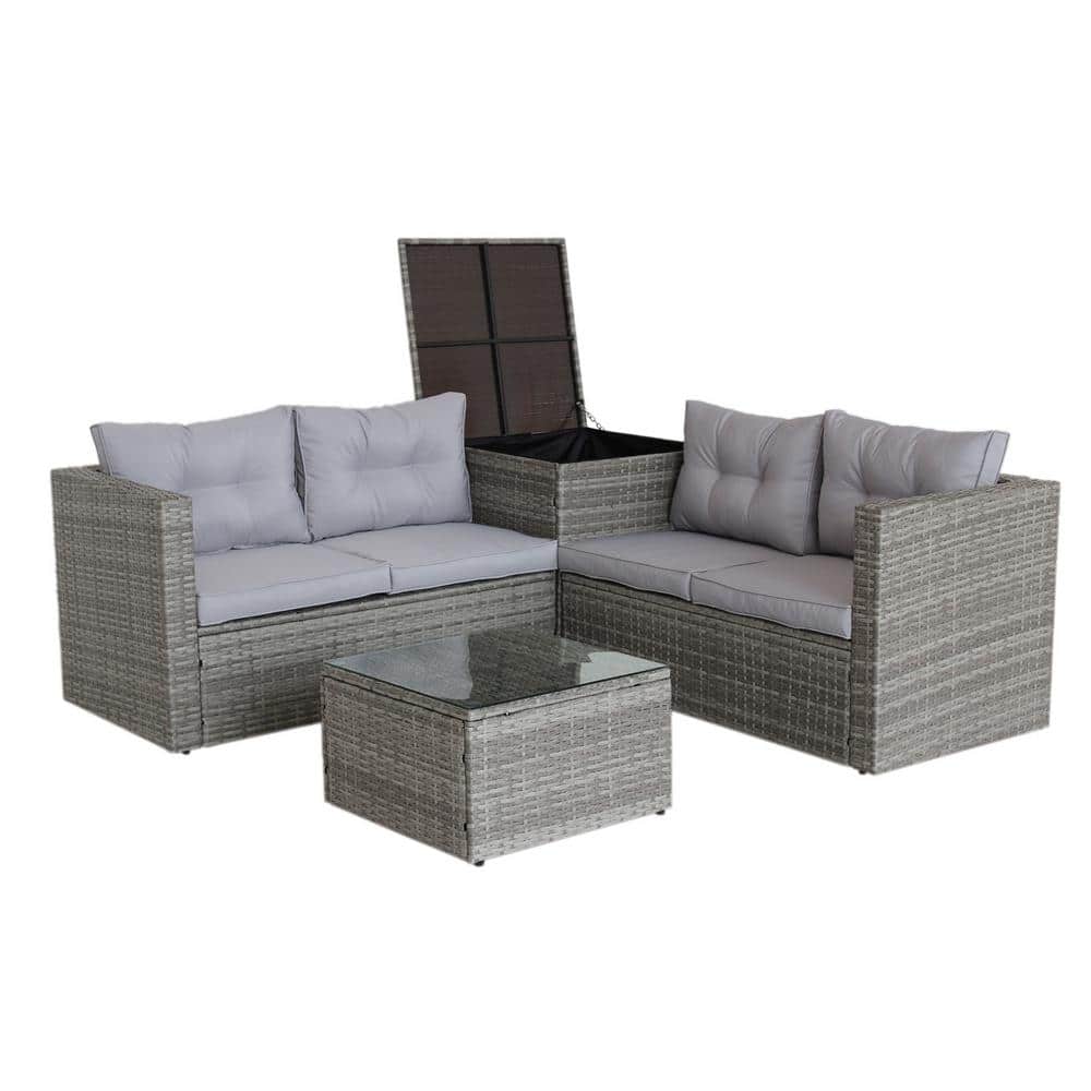 4-Piece Grey Outdoor Wicker Patio Conversation Set with Grey Cushions, Side