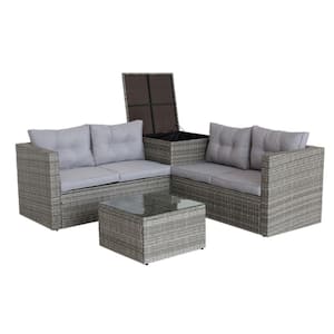 4-Piece Grey Outdoor Wicker Patio Conversation Set with Grey Cushions, Side Storage Box and Glass Top Coffee Table