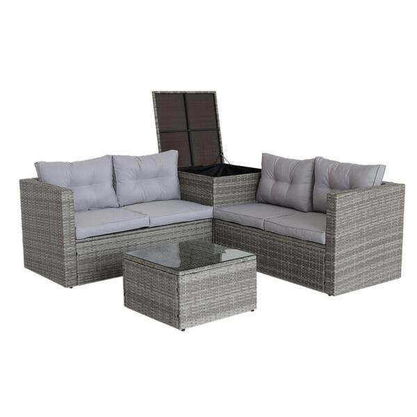 Unbranded 4-Piece Grey Outdoor Wicker Patio Conversation Set with Grey Cushions, Side Storage Box and Glass Top Coffee Table