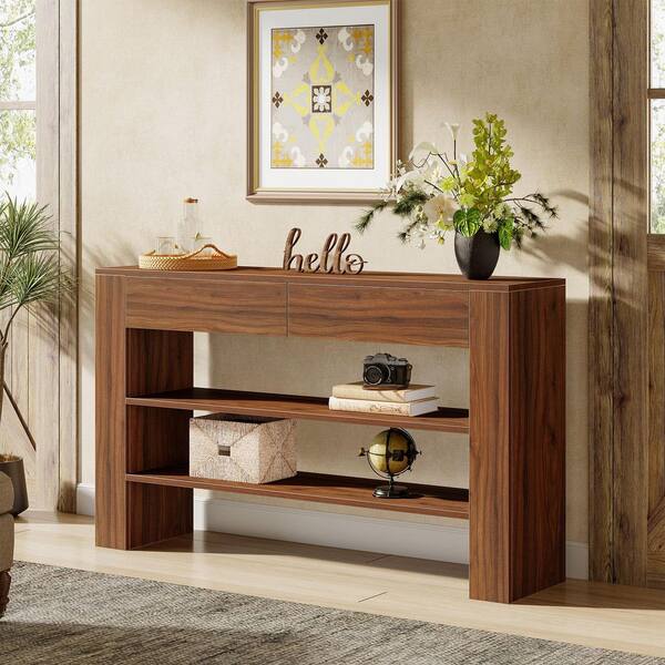 BYBLIGHT 53 in. Brown Rectangle Wood Console Table with Drawers, Modern Entryway Table Sofa Table with Storage Shelves