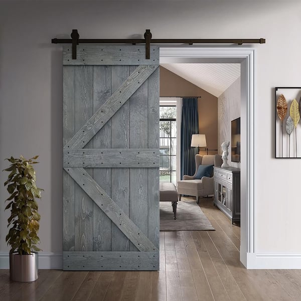 K Series 36 in. x 84 in. Gray DIY Knotty Pine Wood Interior Sliding Barn Door with Hardware Kit