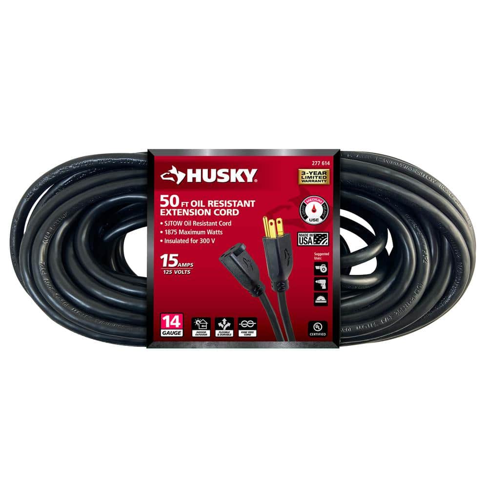 Husky 50 ft. 14/3 Medium Duty Indoor/Outdoor Oil Resistant Extension Cord,  Black 57050BLKHY - The Home Depot