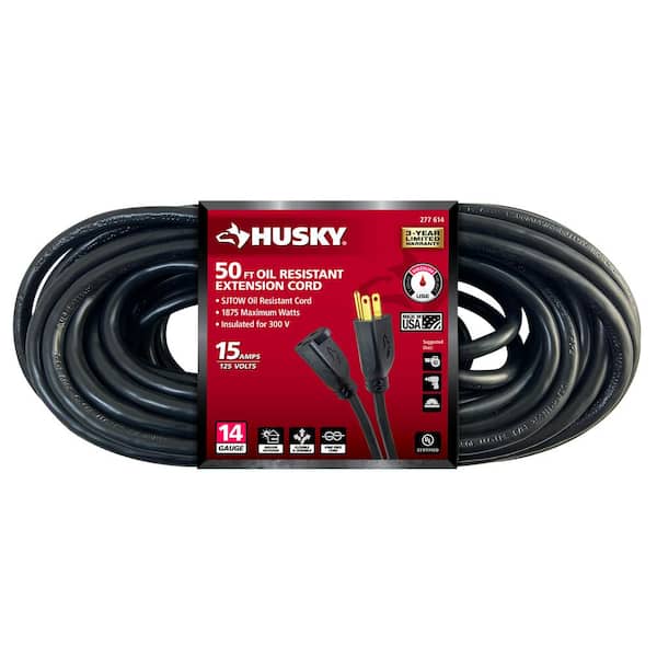 Husky 50 ft. 14/3 Medium Duty Indoor/Outdoor Oil Resistant Extension Cord,  Black 57050BLKHY - The Home Depot