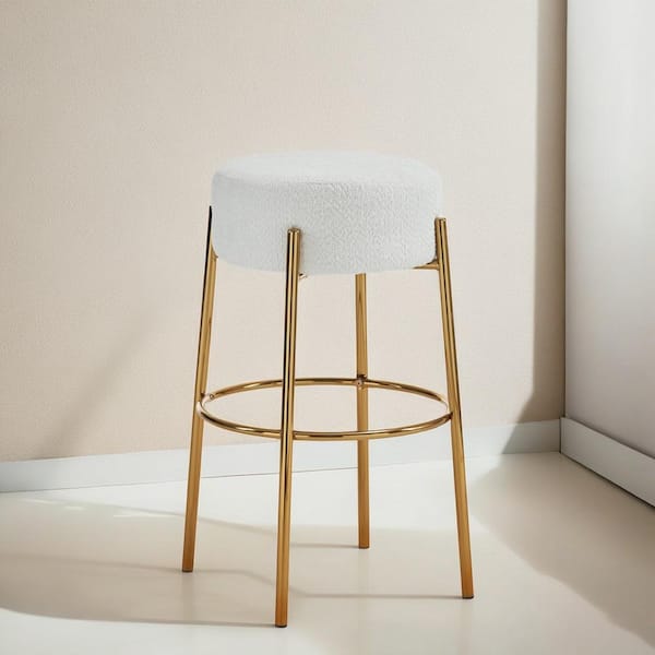 Noble House 30 in. H Beige Backless Metal Round Upholstered Bar Stools, Teddy Fabric, Set of 2