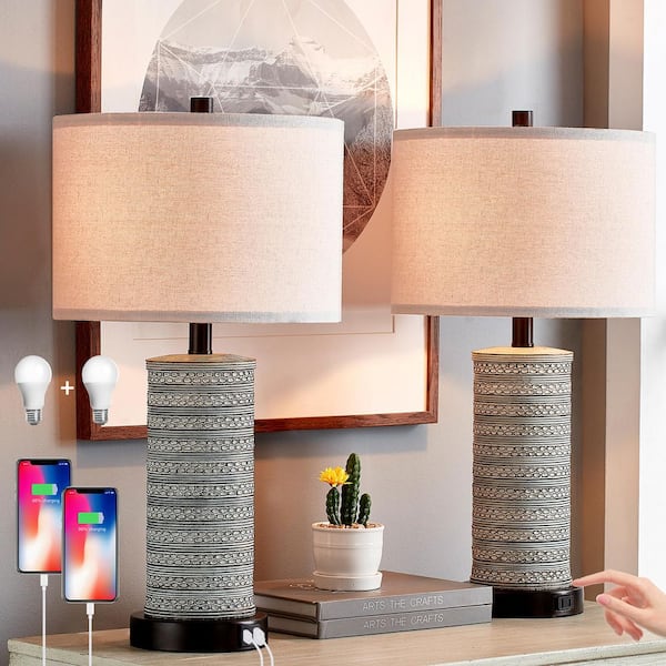 KAWOTI 23 in. Distressed Two Tone Finish Table Lamp Set with USB Port and AC Outlet (LED Bulbs Included)