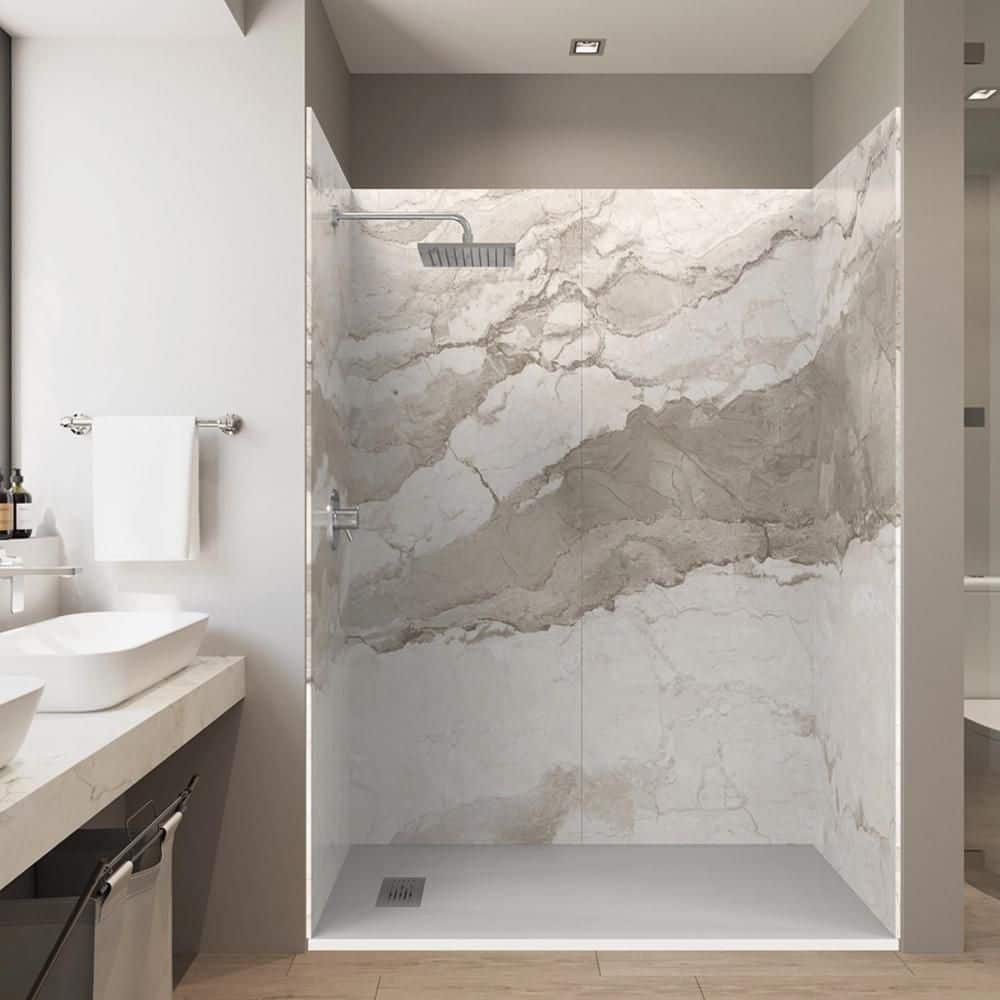 Italian Beige 32 in. x 60 in. x 84 in. Solid Composite Stone Alcove Shower Kit with Walls and White Pan Base L/R Drain price history on PriceWatchPro