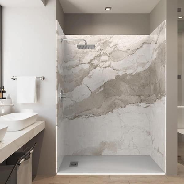 CASTICO Italian Beige 32 in. x 60 in. x 84 in. Solid Composite Stone Alcove Shower Kit with Walls and White Pan Base L/R Drain