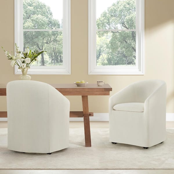 Jonah Linen Fabric Modern Dining Chair with Removable, Washable Slipcover Hidden Casters Armrests and Backrest, Set of 2